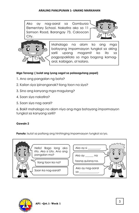 batayang impormasyon|Grade 1 Araling Panlipunan Modyul: Mga Batayang Impormasyon .